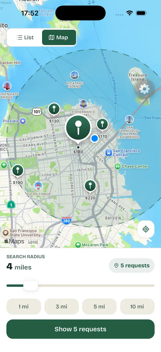 Macro Exchange — request map with search radius